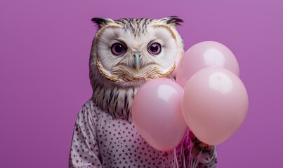 Owl in longsleeve shirt holds balloons studio setting playful scene