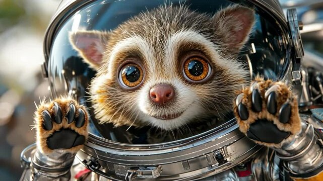 A small furry creature with big round eyes peeks out from within a shiny silver spacesuit, adorned with colorful patches and futuristic gadgets