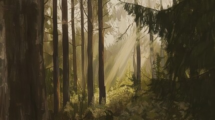 Obraz premium Sunlight Filtering Through Trees in a Serene Forest Scene