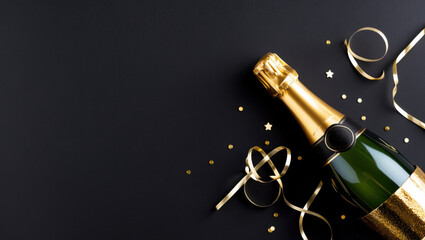 Fototapeta premium A champagne bottle with a golden foil wrapper, surrounded by confetti stars and party streamers in the right bottom corner, set against a matte black background.
