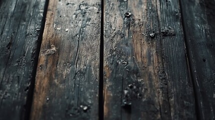 Obraz premium Dark, weathered wooden planks with visible grain, knots, and nails.