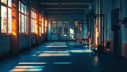Fototapeta premium Empty Gym With Sunlight Streaming Through Windows