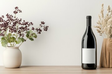 A stylish wine bottle with a blank label sits on a wooden table accompanied by a vase of flowers. The clean backdrop highlights the bottle creating a sophisticated ambiance for branding