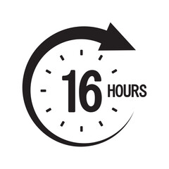 Countdown timer icon. Number sixteen focus. Bold 16 hours text. Monochrome arrow symbol.