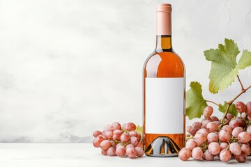 Obraz premium This exquisite wine bottle mockup features an empty label perfect for customization. Grapes are artfully arranged around the bottle creating an elite atmosphere in a softly blurred setting