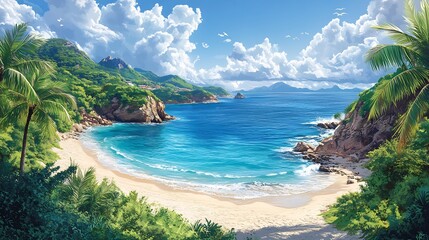 Fototapeta premium Detailed vector illustration of a tropical beach with palm trees ideal for travel and relaxation themes