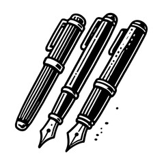 Elegant Fountain Pens: A trio of classic fountain pens, meticulously detailed in a timeless black and white illustration style. Perfect for adding a touch of sophistication to your projects. 