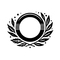 Circular Emblem with Laurel Wreath: A classic, elegant black and white illustration of a circular emblem encircled by a laurel wreath, perfect for branding, awards, or certificates.  