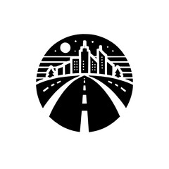 Road to City Lights: A minimalist illustration captures the allure of the city, with a winding road leading towards a towering skyline under a starry night sky.