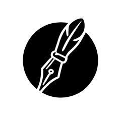 Elegant Quill Icon: A sophisticated black and white illustration of a quill pen inside a circle, perfect for representing writing, literature, calligraphy, or a vintage aesthetic. 