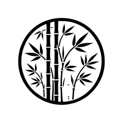 Bamboo Circle:  A minimalist black and white illustration of bamboo stalks and leaves within a circle.  Perfect for creating a tranquil and natural ambiance, evoking themes of growth, strength.