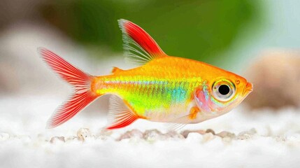 A vibrant, colorful fish swimming in a sandy substrate, showcasing its bright orange and red hues against a blurred green background.