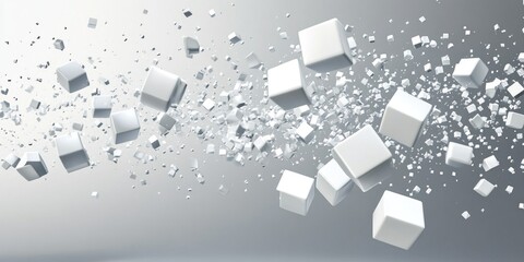 Abstract 3D rendering of white cubes floating in a grey space.