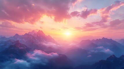 Obraz premium Panoramic view of the mountain landscape with sun