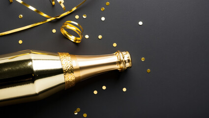 Flat lay of a golden champagne bottle, surrounded by metallic confetti stars and streamers in the left bottom corner set on a matte black background.