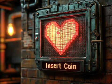 Retro illuminated heart symbol on vintage arcade game machine panel, glowing with inscription Insert Coin, steampunk ambiance, love and technology concept - Powered by Adobe