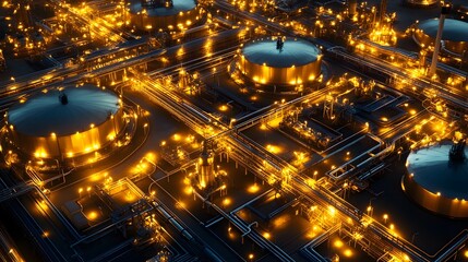 A cityscape with many yellow lights and a lot of tanks. The tanks are in different sizes and are spread out across the city. The lights are bright and create a sense of energy and movement