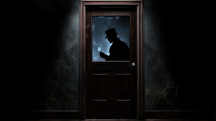 A silhouette of a detective in a hat, holding a magnifying glass, behind a dimly lit glass door - Noir Style.