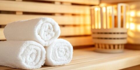 This serene sauna interior features soft lighting and warm wooden elements creating a relaxing atmosphere. Neatly rolled towels are stacked inviting visitors to unwind and rejuvenate
