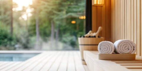 A person takes a moment for themselves in an outdoor sauna enveloped in soft lighting that enhances the warm atmosphere of relaxation. The minimal background features a natural setting