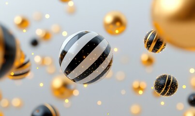 Abstract black, white, gold spheres floating.