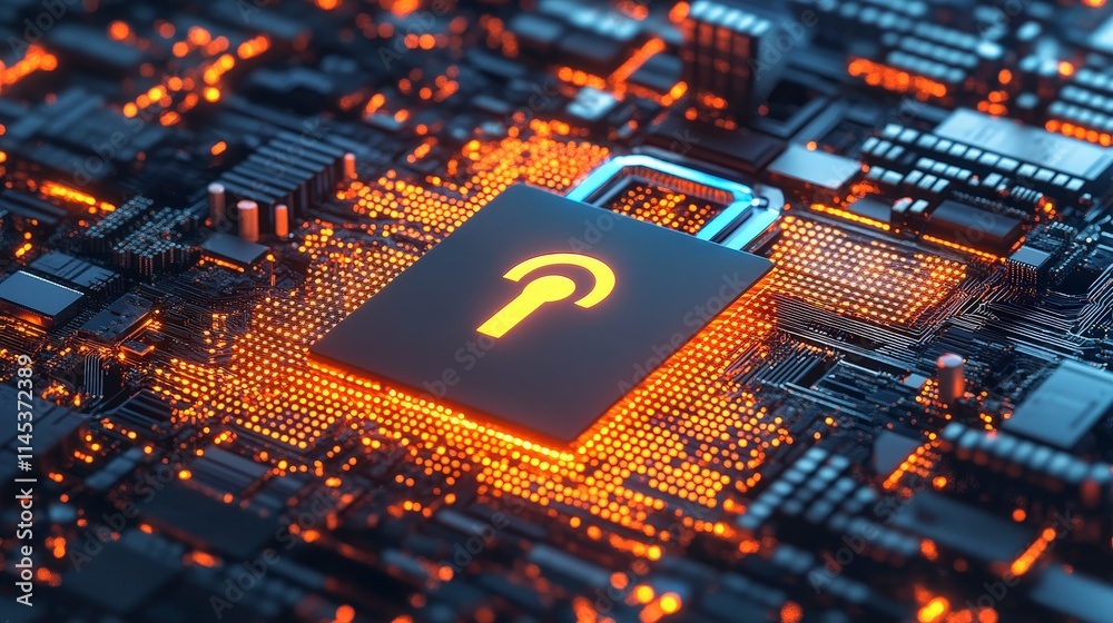 Poster a glowing padlock icon on a computer chip symbolizes digital security and data protection in cyberse