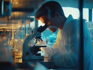 Young Male Scientist Examining Sample Under Microscope in Laboratory