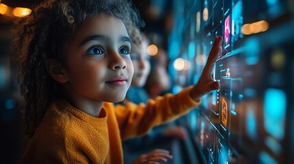 Diverse group of children in a futuristic classroom using interactive touch screens and digital learning tools with a proud teacher guiding them through an immersive learning journey