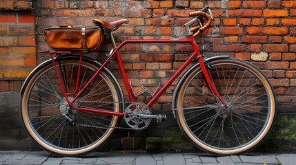 Obraz premium A vintage bicycle with a brown leather basket parked against a brick wall.