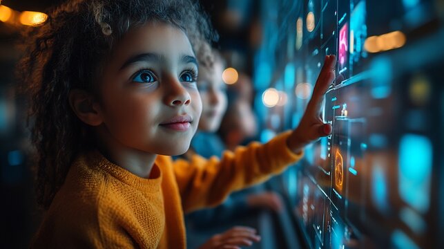 Diverse group of children in a futuristic classroom using interactive touch screens and digital learning tools with a proud teacher guiding them through an immersive learning journey