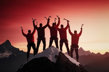 A group of climbers celebrates their summit achievement against a stunning sunset backdrop, holding ice axes aloft on a snowy peak.