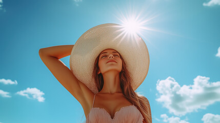 Summer Fashion: Woman in White Sun Hat and Blue Sky Background Protecting Skin