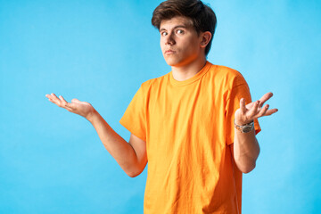 Young person expressing various emotions and body pains, pointing, using a cellphone, with colored...
