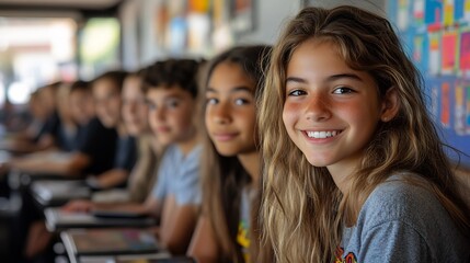 Diverse group of students in a welllit technologyrich classroom using tablets and interactive smartboards smiling as they engage in collaborative learning activities with their teacher