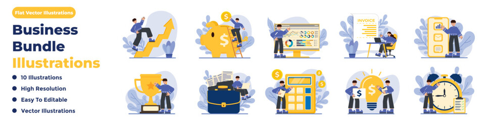 10 Business Illustration Bundle. Flat Vector Style. High-Quality Editable Designs.