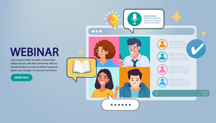 People attend a webinar for online education and e-learning. This virtual conference on a browser screen with book and lightbulb icons illustrates a digital course, training, a knowledge presentation.