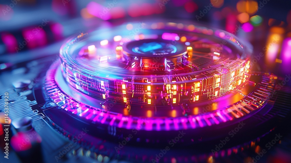 Poster futuristic glowing circular tech device.