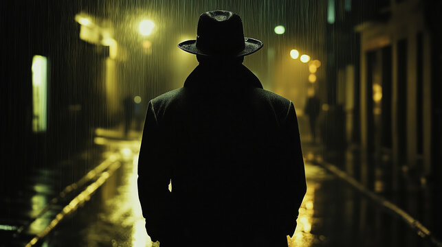 A detective in a trench coat and hat, facing away under glowing streetlights in a rainy night.