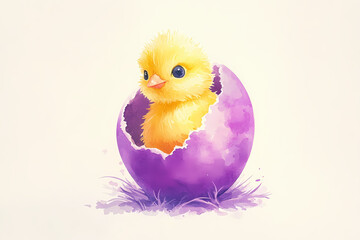 Obraz premium Cute yellow chick hatching from pastel Easter egg in watercolor