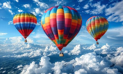 Fototapeta premium Three vibrant hot air balloons drift peacefully above a breathtaking landscape of fluffy clouds and a deep blue sky. A truly magical sight!