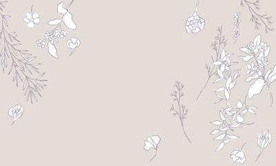 線画の草木イラスト。草木と花のベクター線画シンプルテンプレート。Line drawing grass and trees illustration. Vector line drawing simple template of plants, trees and flowers.
