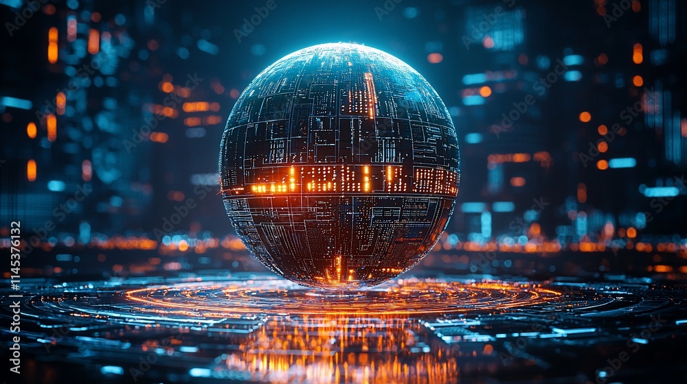 Poster futuristic glowing sphere with circuit board design, on a digital platform.