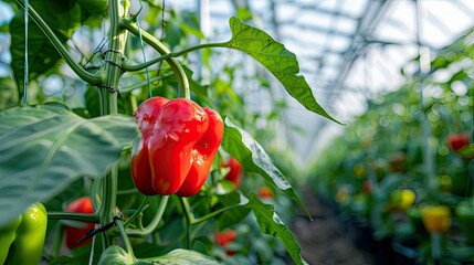 Vibrant Red Bell Peppers Growing in a Greenhouse
