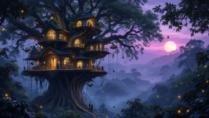 Fototapeta premium A whimsical treehouse surrounded by a magical forest, showcasing creativity and adventure, perfect for children's content and imaginative themes.