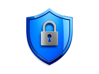 3d silver color lock inside blue shield icon isolated on white background security concept
