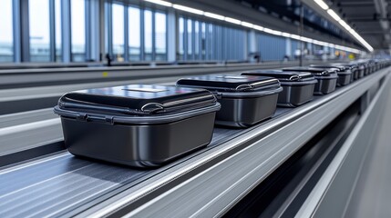 A conveyor belt transports black takeaway containers in a modern facility, showcasing efficient packaging and distribution processes.