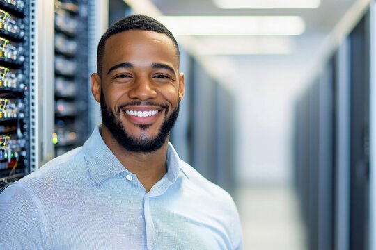 Confident African American Network Administrator Smiling in Corporate Office Setting - Powered by Adobe