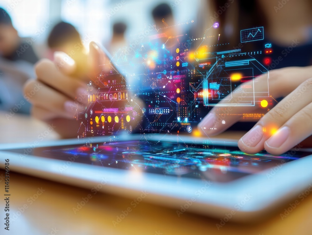 Poster hands using tablet with digital interface and data visualizations