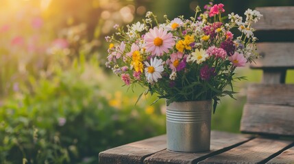 A bouquet of assorted wildflowers in a vintage tin can on a wooden bench in a garden, side view shot, Rustic style