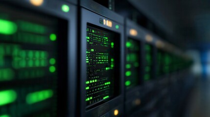 Fototapeta premium A close-up view of server racks with illuminated green LED indicators, highlighting a technologically advanced data center environment.